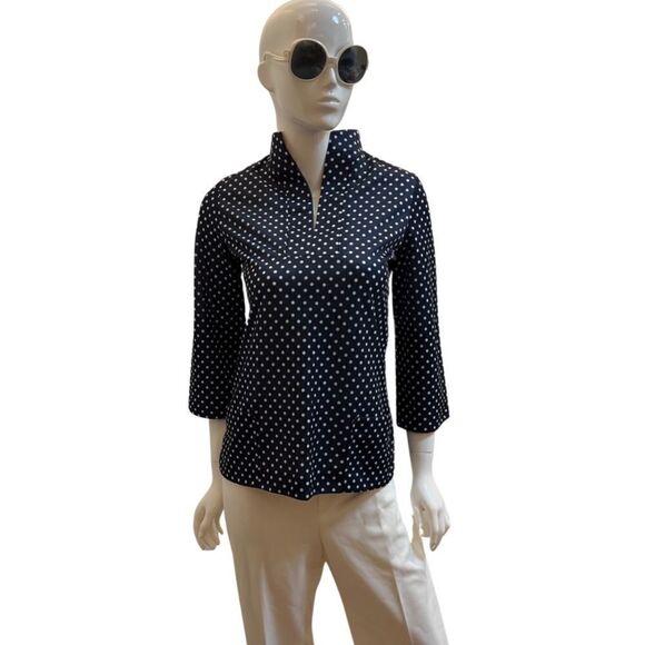 Vintage Handmade 1970s Navy Polka Dot Slit Neck 2 Pocket Popover Blouse - Picture 1 of 5